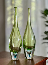 Load image into Gallery viewer, Elongated Green "Teardrop" Style Art Glass with Blue Inset