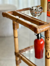 Load image into Gallery viewer, Vintage, Glass & Bamboo Two-Tiered Drinks Cart
