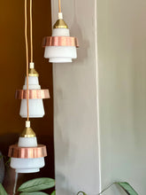 Load image into Gallery viewer, Mid-Century Pendant with Three White Glass Shades and Copper Trim