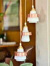 Load image into Gallery viewer, Mid-Century Pendant with Three White Glass Shades and Copper Trim
