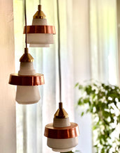 Load image into Gallery viewer, Mid-Century Pendant with Three White Glass Shades and Copper Trim
