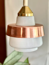 Load image into Gallery viewer, Mid-Century Pendant with Three White Glass Shades and Copper Trim