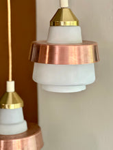 Load image into Gallery viewer, Mid-Century Pendant with Three White Glass Shades and Copper Trim