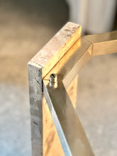 Load image into Gallery viewer, Pair Iconic Travertine, Solid Brass & Glass Pair Side Tables