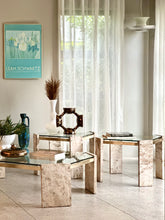 Load image into Gallery viewer, Pair Iconic Travertine, Solid Brass & Glass Pair Side Tables