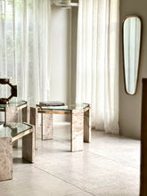 Load image into Gallery viewer, Pair Iconic Travertine, Solid Brass & Glass Pair Side Tables