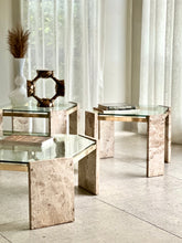 Load image into Gallery viewer, Pair Iconic Travertine, Solid Brass & Glass Pair Side Tables