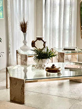 Load image into Gallery viewer, Pair Iconic Travertine, Solid Brass & Glass Pair Side Tables
