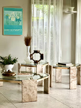 Load image into Gallery viewer, Pair Iconic Travertine, Solid Brass & Glass Pair Side Tables