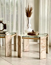 Load image into Gallery viewer, Pair Iconic Travertine, Solid Brass & Glass Pair Side Tables