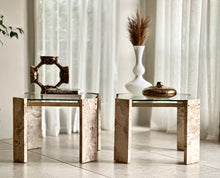 Load image into Gallery viewer, Pair Iconic Travertine, Solid Brass & Glass Pair Side Tables
