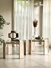 Load image into Gallery viewer, Pair Iconic Travertine, Solid Brass & Glass Pair Side Tables