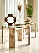 Load image into Gallery viewer, Pair Iconic Travertine, Solid Brass & Glass Pair Side Tables