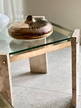 Load image into Gallery viewer, Pair Iconic Travertine, Solid Brass & Glass Pair Side Tables