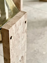 Load image into Gallery viewer, Pair Iconic Travertine, Solid Brass & Glass Pair Side Tables