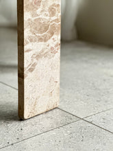 Load image into Gallery viewer, Pair Iconic Travertine, Solid Brass & Glass Pair Side Tables