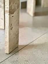 Load image into Gallery viewer, Pair Iconic Travertine, Solid Brass & Glass Pair Side Tables