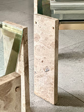 Load image into Gallery viewer, Pair Iconic Travertine, Solid Brass & Glass Pair Side Tables