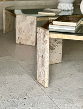 Load image into Gallery viewer, Pair Iconic Travertine, Solid Brass & Glass Pair Side Tables