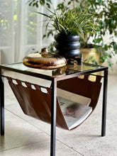 Load image into Gallery viewer, Glass-Top Side Table with Leather Magazine Holder