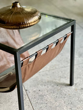 Load image into Gallery viewer, Glass-Top Side Table with Leather Magazine Holder