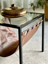 Load image into Gallery viewer, Glass-Top Side Table with Leather Magazine Holder
