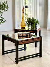 Load image into Gallery viewer, Pair of Steel, Sculptural Wood & Glass-Top Side Tables