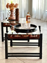 Load image into Gallery viewer, Pair of Steel, Sculptural Wood & Glass-Top Side Tables