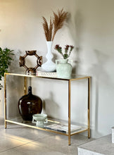 Load image into Gallery viewer, Two-Tiered Brass Plated Console with Glass