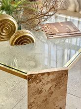 Load image into Gallery viewer, Brass, Glass & Travertine Mid-Century Coffee / Side Table