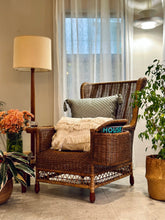 Load image into Gallery viewer, Vintage Rattan Semi- Wingback Chair with Attached Magazine Holder