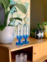 Load image into Gallery viewer, Blue Cut Glass Candle Holders
