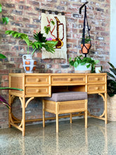 Load image into Gallery viewer, Vintage cane dresser/desk & stool
