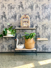 Load image into Gallery viewer, Two tiered steel and wood multipurpose shelf with side shelves