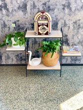 Load image into Gallery viewer, Two tiered steel and wood multipurpose shelf with side shelves