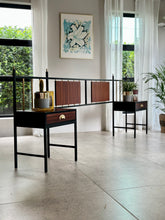 Load image into Gallery viewer, Retro Steel & Sapele Headboard with Brass Accents