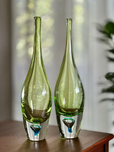 Elongated Green "Teardrop" Style Art Glass with Blue Inset