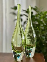 Load image into Gallery viewer, Elongated Green &quot;Teardrop&quot; Style Art Glass with Blue Inset
