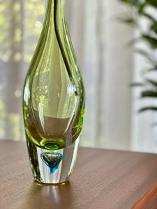 Elongated Green "Teardrop" Style Art Glass with Blue Inset
