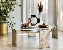Load image into Gallery viewer, Travertine, Solid Brass &amp; Glass Coffee Table
