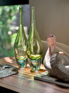 Elongated Green "Teardrop" Style Art Glass with Blue Inset