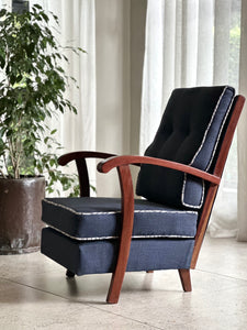 Vintage Upholstered Armchair with Mahogany Armrests