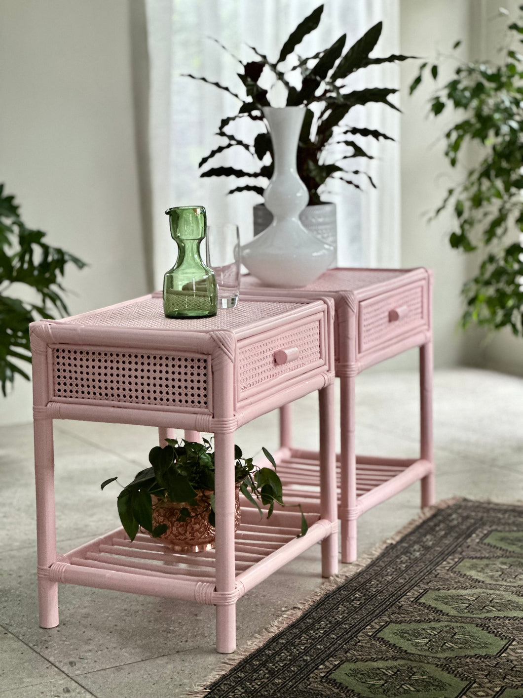 Pair Of Wicker and Bamboo Pedestals - Marshmallow Pink