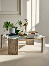 Load image into Gallery viewer, Brass, Glass &amp; Travertine Mid-Century Coffee Table
