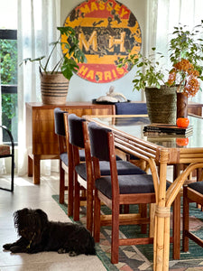 Sturdy Vintage Cane Dining Table With Glass Top