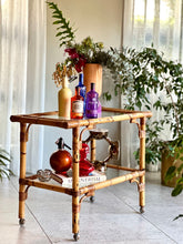 Load image into Gallery viewer, Vintage, Glass &amp; Bamboo Two-Tiered Drinks Cart
