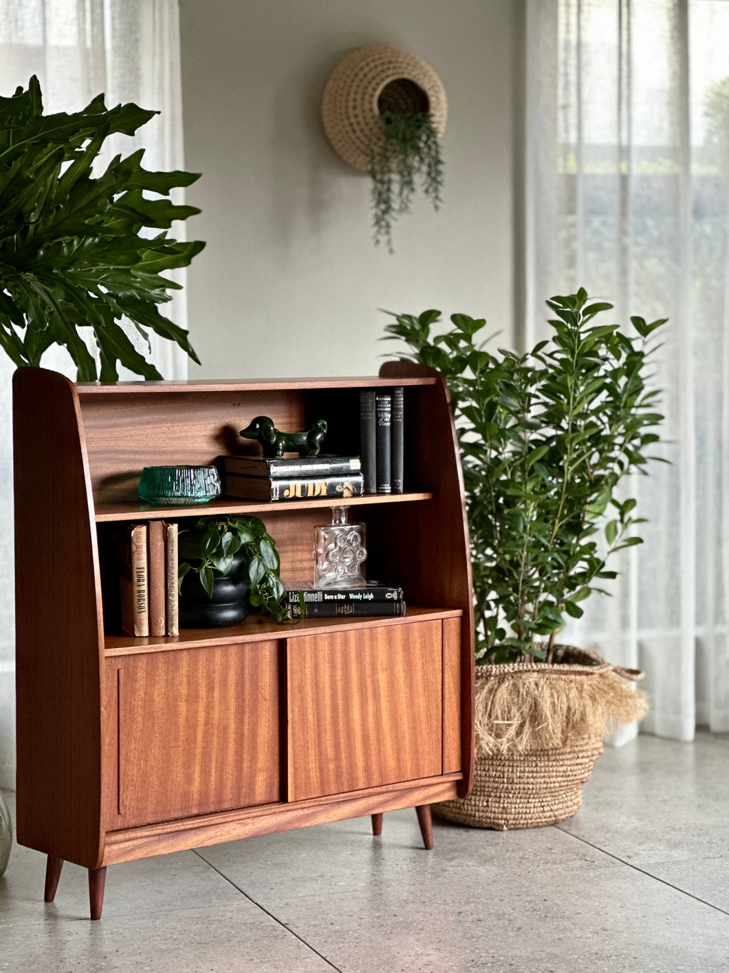 Retro Bookshelf with Sliding Doors