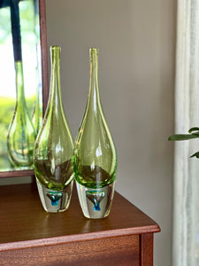 Elongated Green "Teardrop" Style Art Glass with Blue Inset
