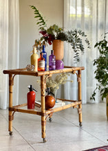 Load image into Gallery viewer, Vintage, Glass &amp; Bamboo Two-Tiered Drinks Cart
