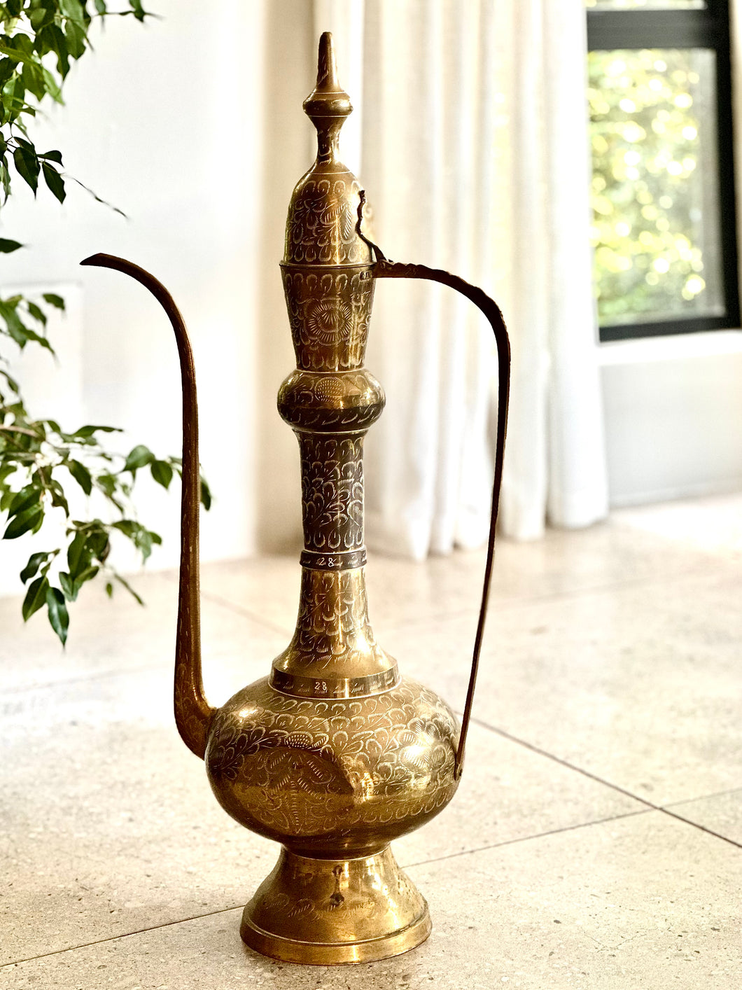Tall Vintage Indian, Solid Brass Dallah Coffee Pot